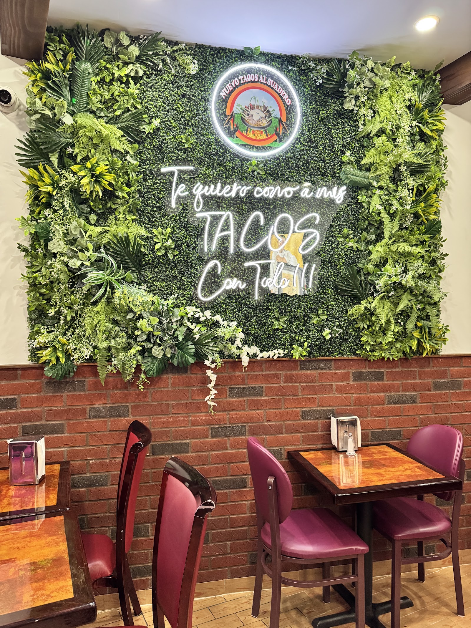 Dining room with neon sign